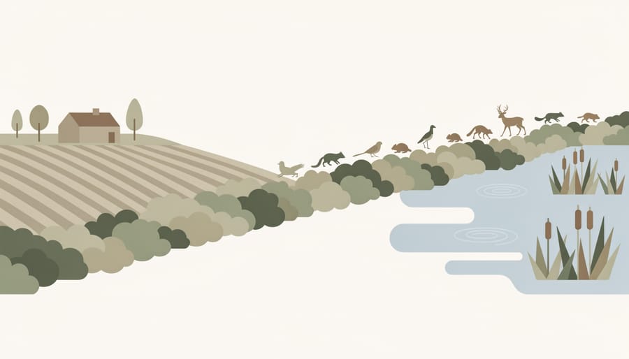 Vegetated habitat corridor with grasses and shrubs leading toward a small wetland beside a prairie field