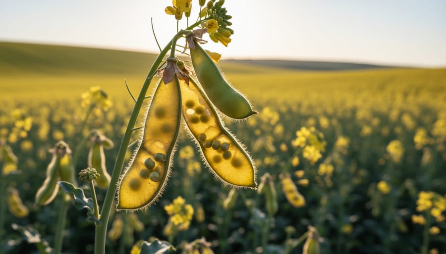 Close-up of a person’s hands holding canola seeds in front of a blurred canola field.
