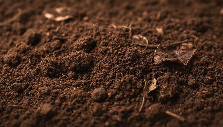 Macro view of dark healthy soil with visible organic matter and small root fragments