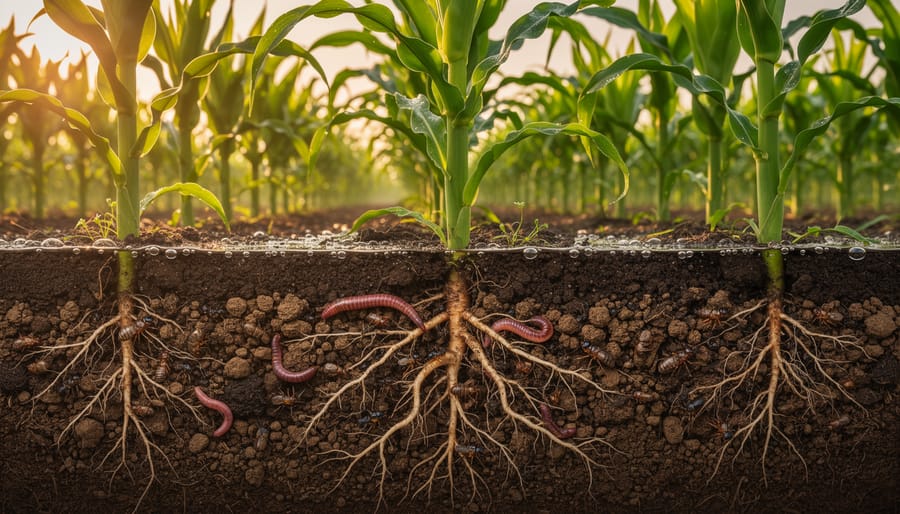 Close-up of healthy dark soil with roots and earthworms near a young barley plant.