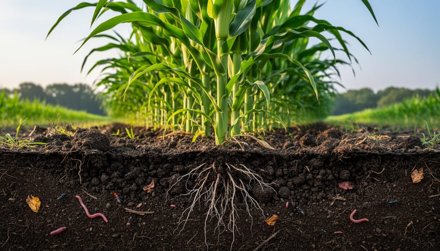 Close-up of dark, healthy soil with visible roots and organic material texture.