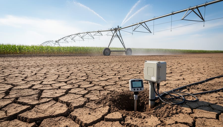 Irrigation system in an Alberta field under golden hour light, emphasizing soil moisture management needs.