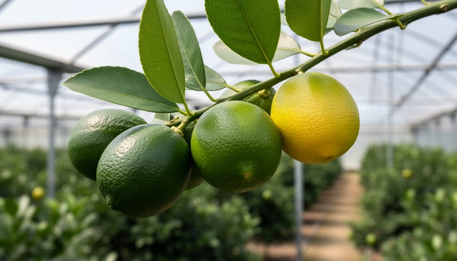 Close-up of key lime fruits on a tree showing yellow-green and dark green ripeness