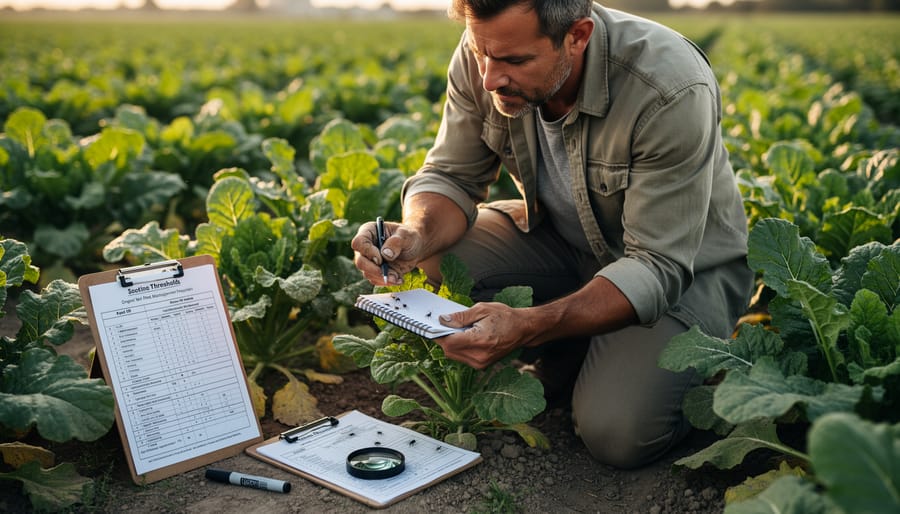 Gloved hand inspecting a crop leaf in an organic field for signs of insect pests.