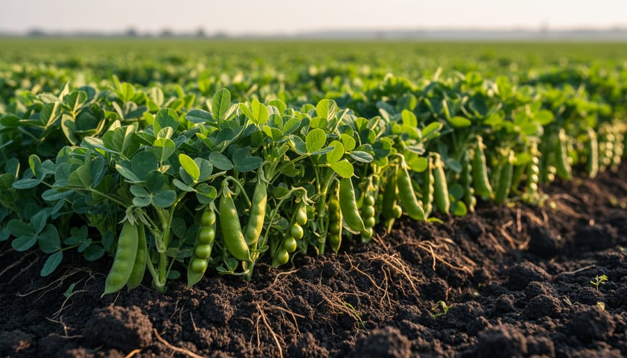 Legume cover crop with clover and field pea plants growing in healthy soil