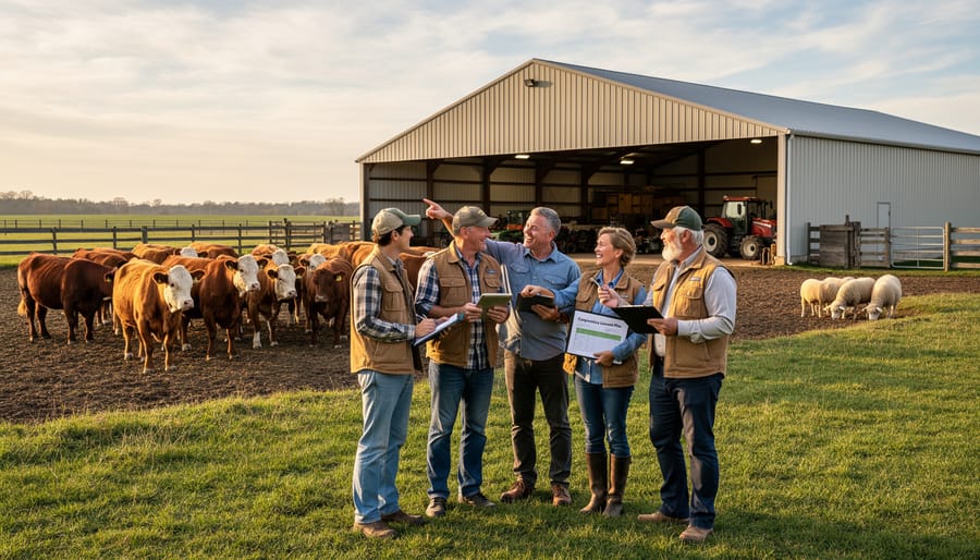 Farmers standing near cattle pens at a livestock cooperative facility under an overcast sky
