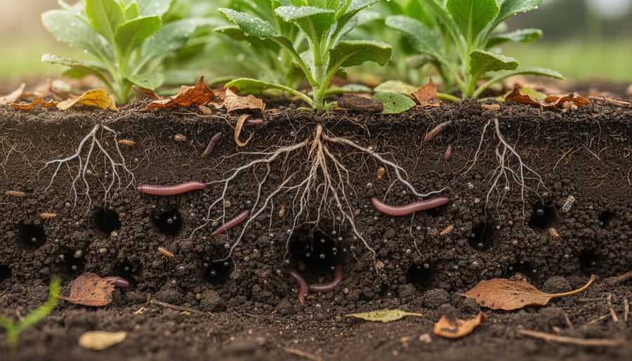 Macro view of rich dark soil with visible roots and organic matter