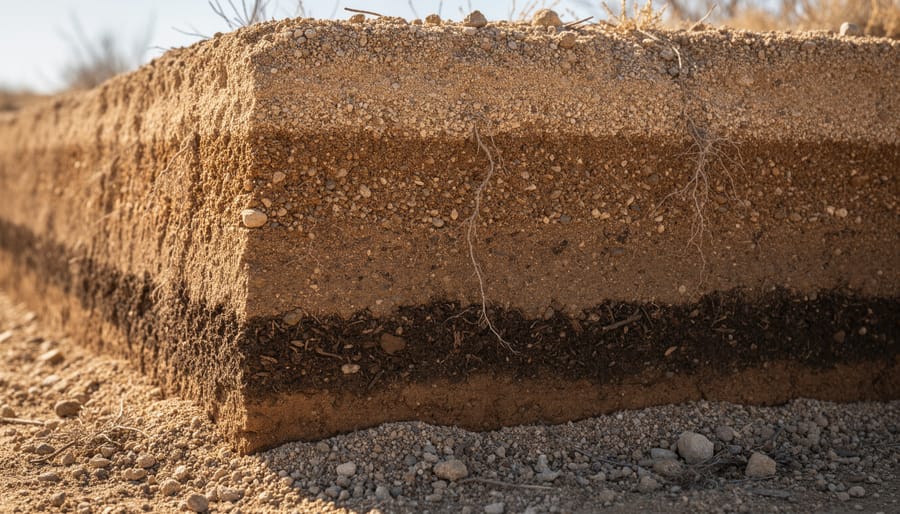 Gloved hands breaking apart a soil clod to show dry lighter subsoil and darker organic-rich layer