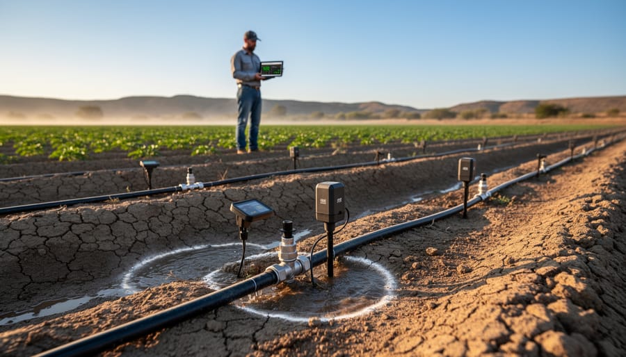 Farmer inspecting micro-irrigation tubing in a crop row beside monitoring equipment on a field