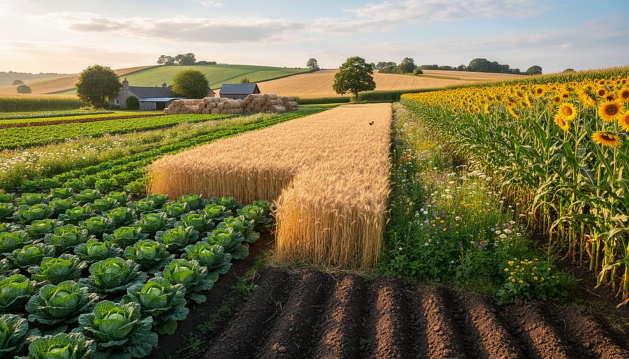 Wide view of a Canadian farm field showing multiple crops such as canola, pulses, and wheat at golden hour.