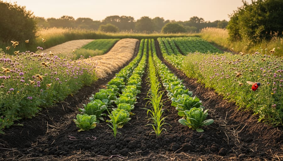 Organic crop field with mulched soil and healthy plants in rows under soft morning light.