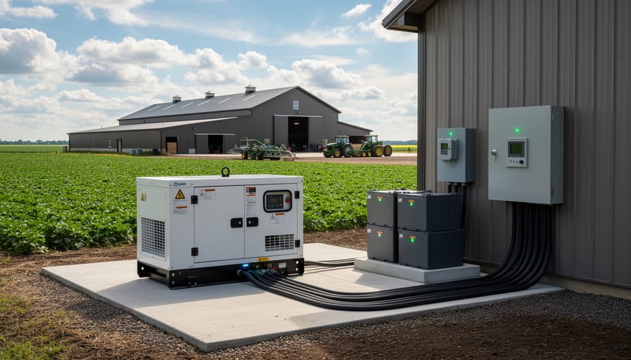 Backup power equipment at an off-grid farm at night with warm lights and dark rural surroundings