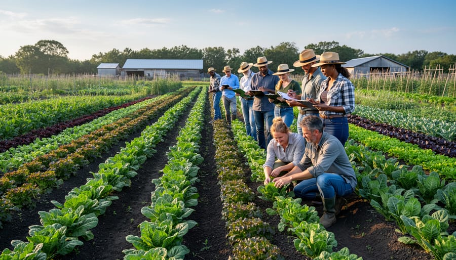 Farmer inspecting leafy vegetables in an organic field during golden morning light