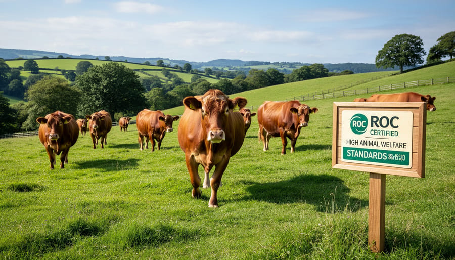 Cattle grazing on pasture under warm golden-hour sunlight in a humane farm setting