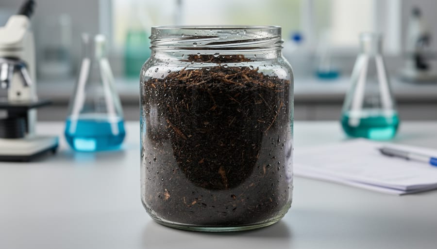 Gloved hands holding a jar containing a dark peat sample, with a blurred peatland background