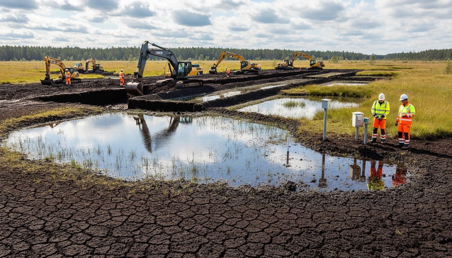 Workers in high-visibility gear near an earthen water-control structure in a peatland restoration site