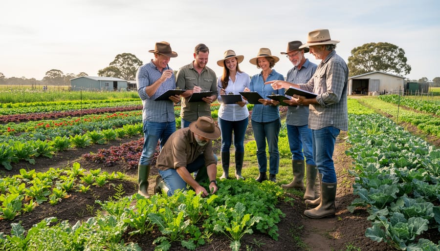 Farmers walking through a pasture and inspecting farm fencing during an on-farm visit