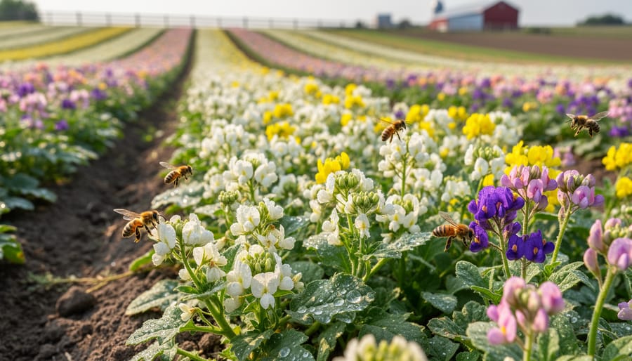 Farmer’s boot near flowering cover crops with a bee hovering by a blossom