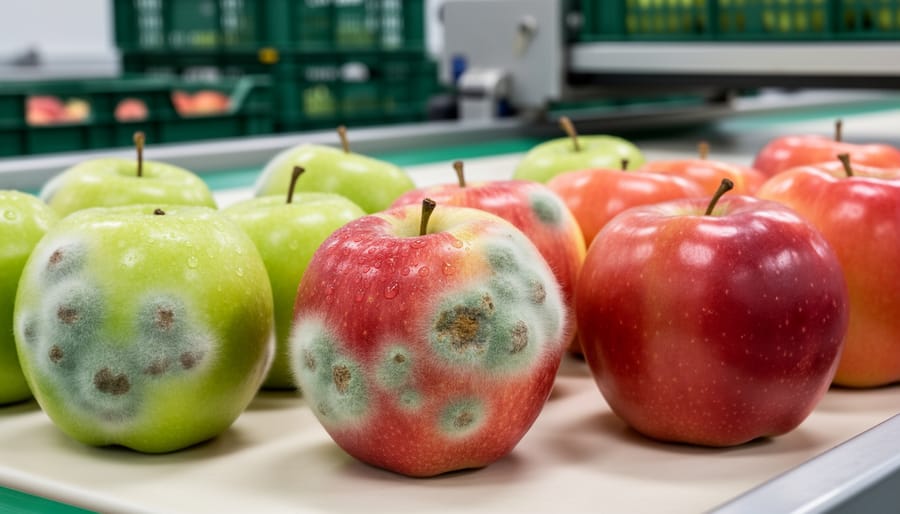 Close-up of fruit in crates with early mold spotting beside a sealed storage container