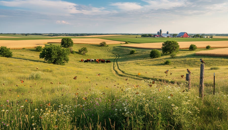 Wildflowers and crops growing together in a Canadian prairie field with an open sky in the background