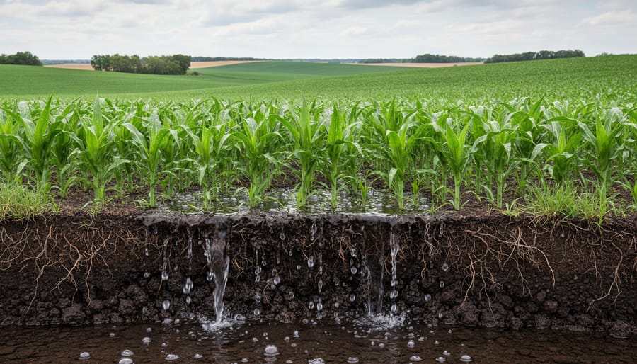 Prairie field after rain showing moist soil surface, soaking water, and growing cover vegetation in the foreground.