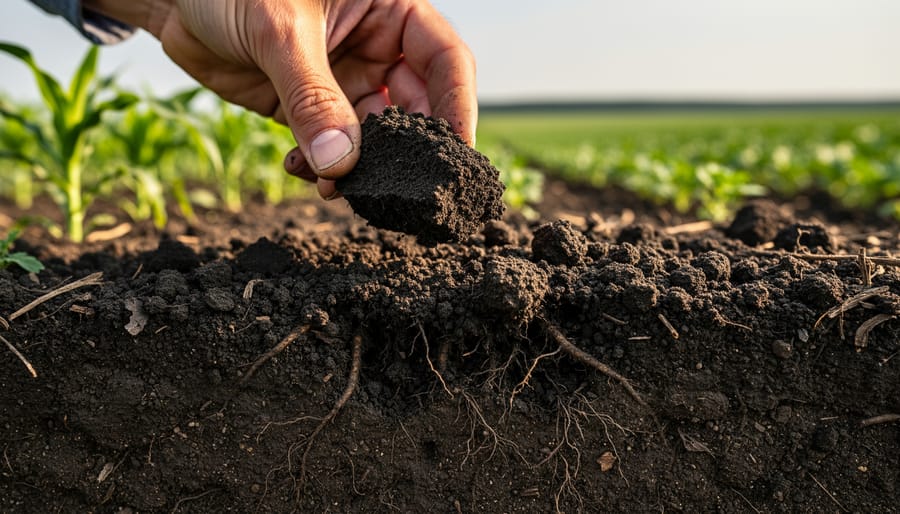 Macro view of dark, healthy prairie soil with visible plant roots and organic matter clumps.