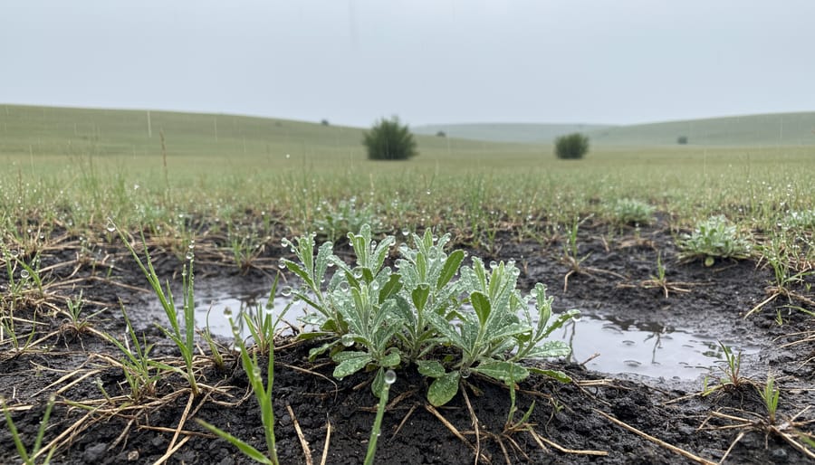Wet prairie field with fresh green sprouts and distant shelterbelt after rainfall