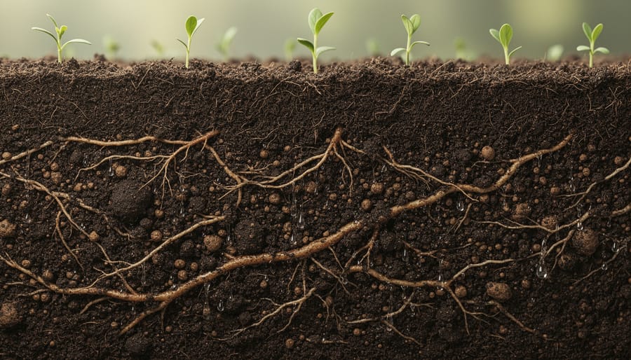 Macro view of rich dark soil with plant roots held by a farmer