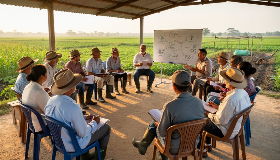 Farmers in a rural kitchen meeting while discussing farm notes and organic practices together