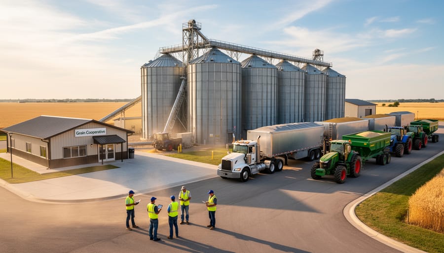 Grain silos and loading area at a rural cooperative storage facility with farmland in the distance