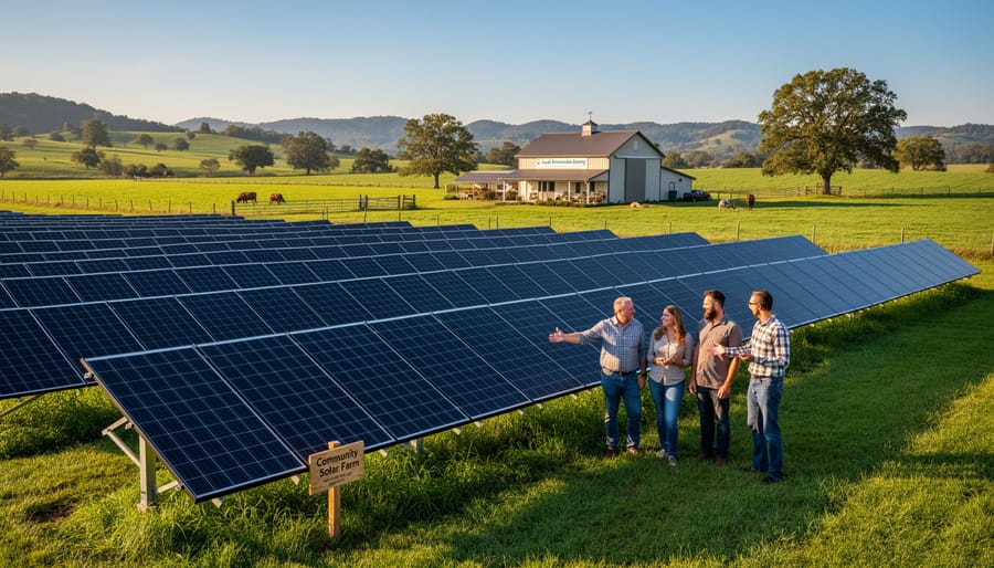 Solar panels installed on rural land with farm buildings and open fields in the background.