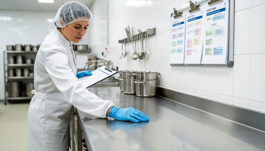 Food safety worker checking cleanliness of a stainless-steel surface with a flashlight.