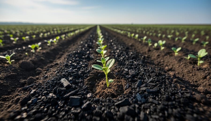 Crop seedlings emerging from dark farm soil in an Alberta field under warm sunlight
