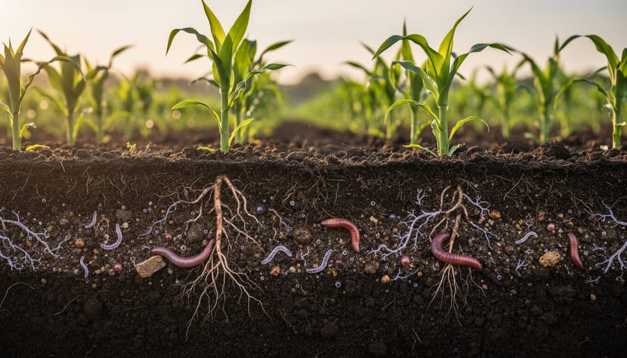 Macro view of dark healthy organic soil with plant roots and crumb structure.