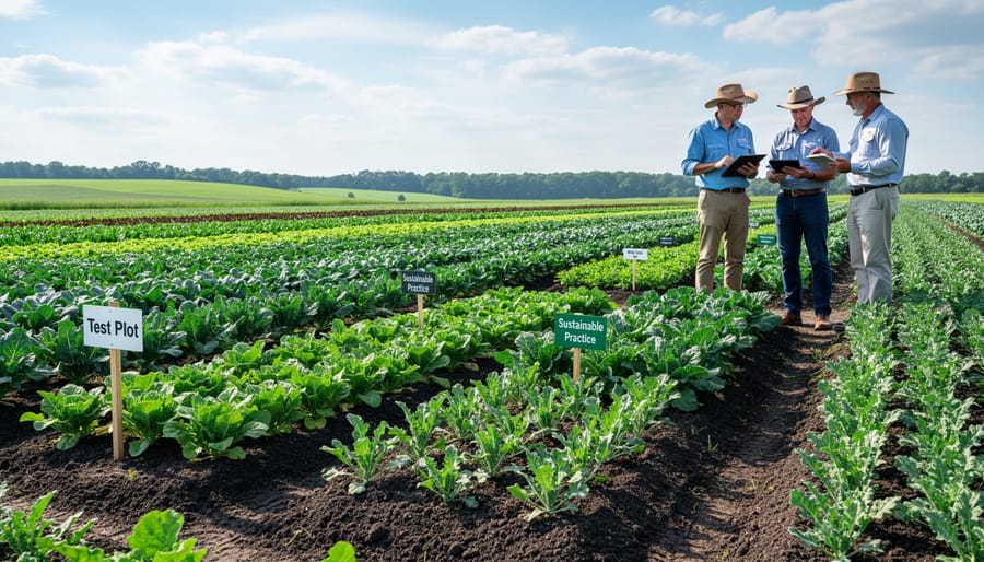 Close-up of dark soil and small cover crops with drip irrigation hose in a demonstration plot