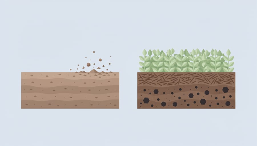 Split view of bare cracked soil next to soil covered with green cover crop plants