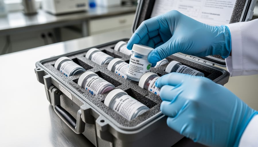 Close-up of gloved hands transferring soil into sample bags with careful handling in a field setting.