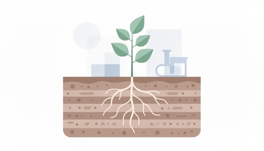 Macro view of dark soil with visible fine roots and organic matter texture.