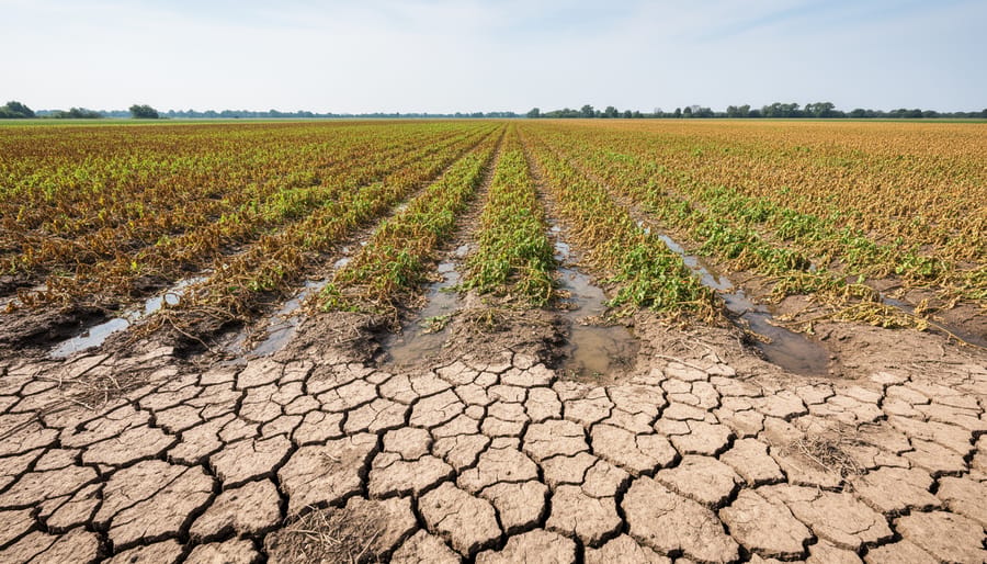 Cracked dry soil and drought-stressed wheat growing in a southern Alberta field