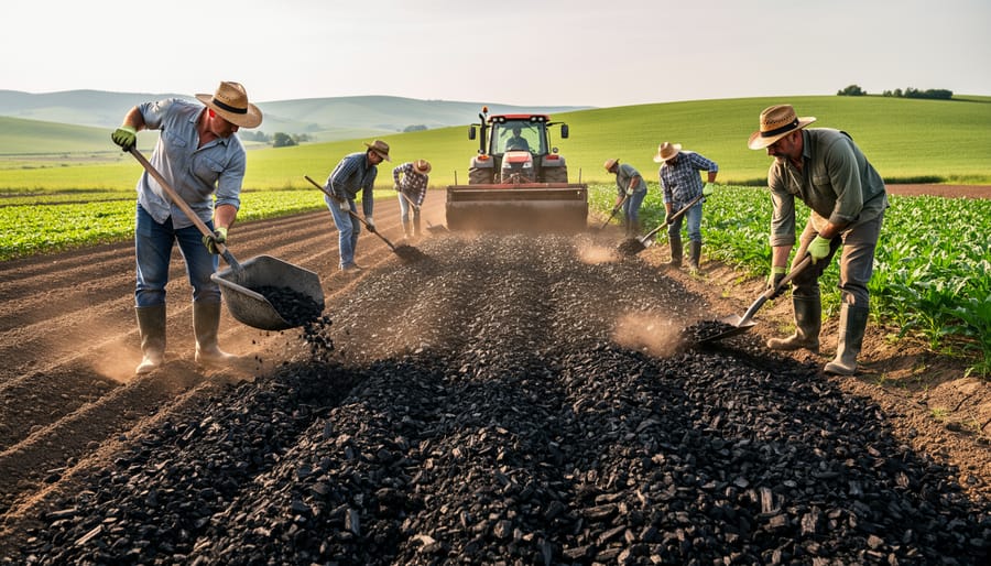 Tractor distributing dark biochar onto tilled farm soil in an agricultural field