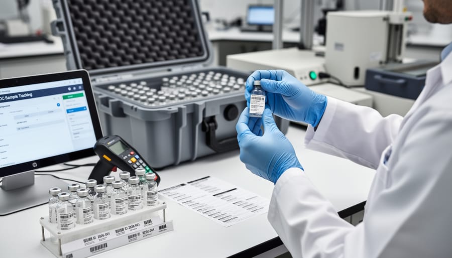 Water sample vials packed in a foam-lined cooler for transport to a laboratory