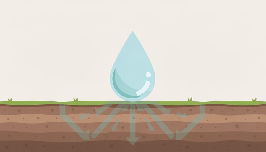 Macro close-up of a water droplet on a leaf above dark moist soil in a farm field.