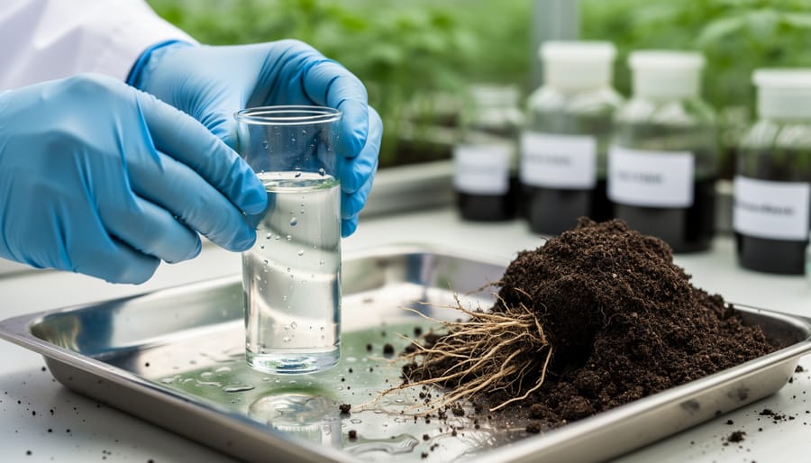 Gloved hand holding a water sample vial near soil and visible plant roots on a laboratory bench
