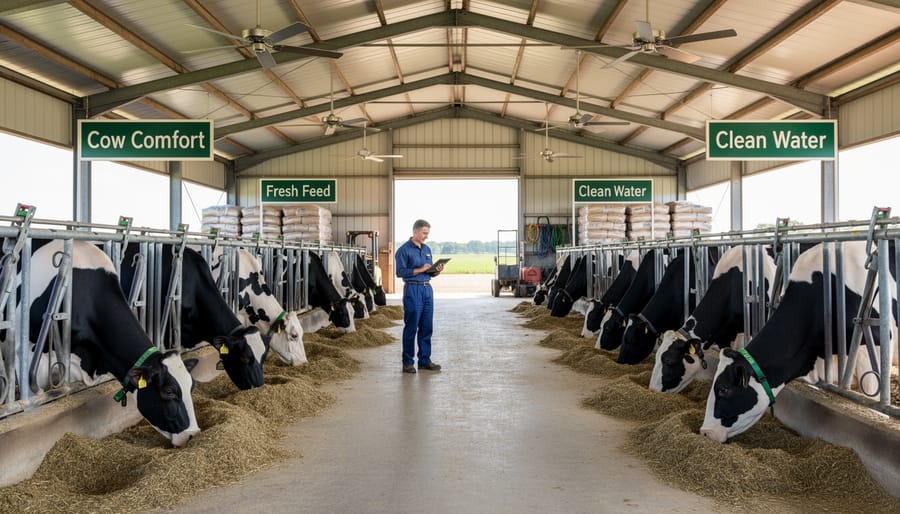 Holstein cows standing in a clean, well-ventilated free-stall dairy barn interior in Alberta.