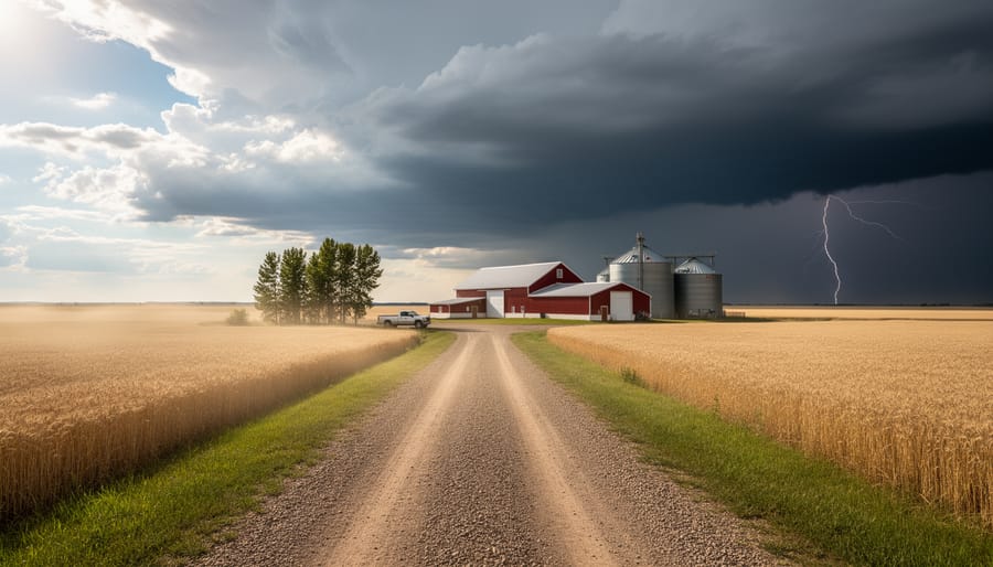 Alberta farm field with a combine harvester parked under an overcast sky