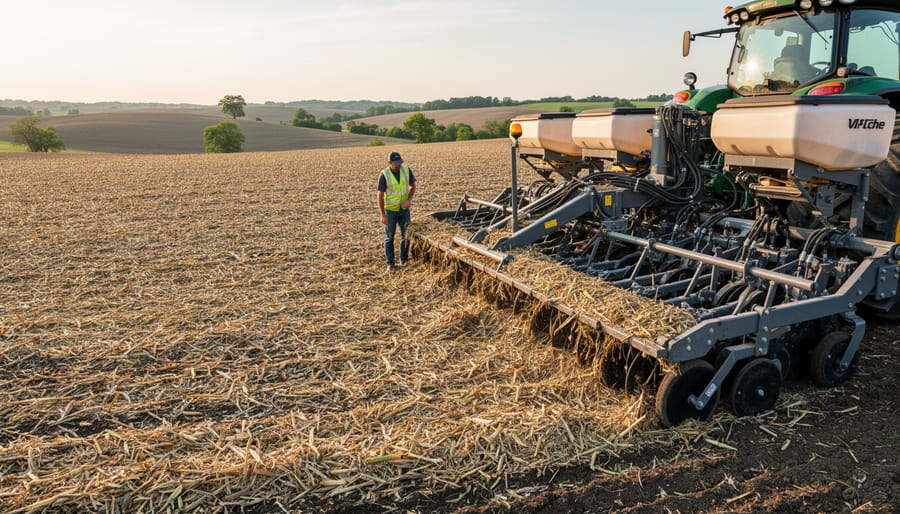 Farmer standing beside no-till planting equipment in a residue-managed eco mulching field setting.