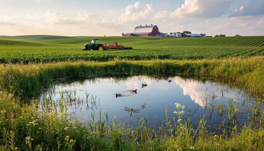 Farmer holding wetland produce beside a restored prairie pothole with shallow water and reeds in the background.