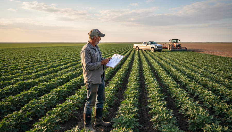 Alberta farmer holding a clipboard in a grain field under an overcast sky