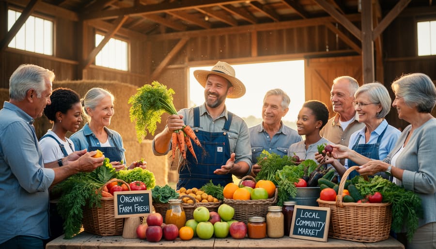 Alberta farmers and a consumer gather around a basket of harvested vegetables in a barn.