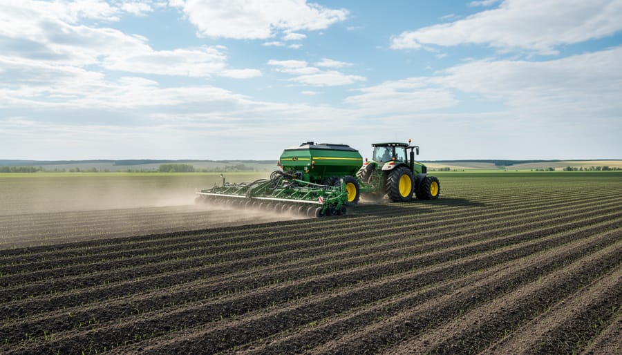 Tractor seeding a grain field in Alberta during the spring growing season